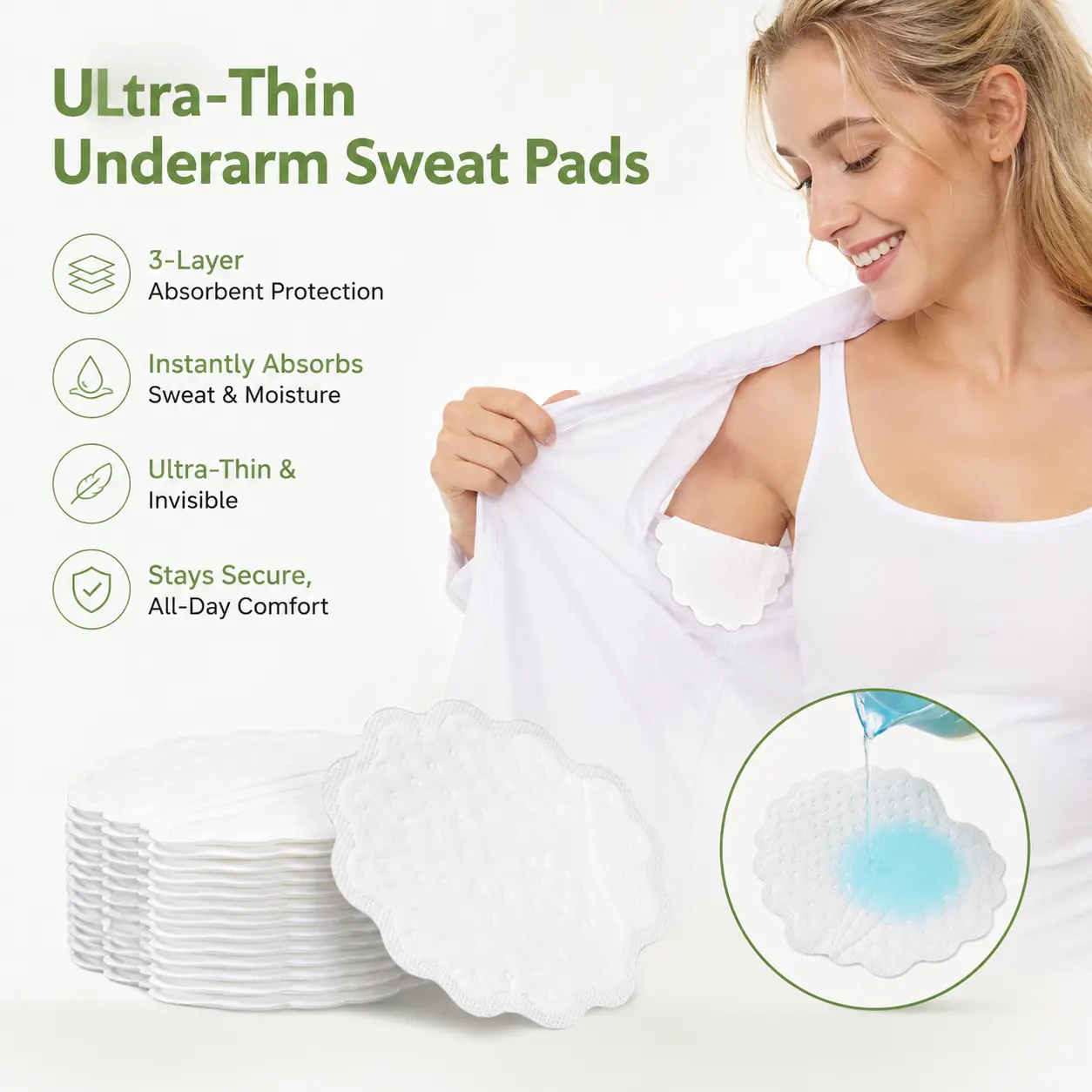 10 Counts Underarm Sweat Pads, ultra thin 1mm breathable non-woven fabric, strong water absorption invisible liners for preventing underarm sweat stains on clothing