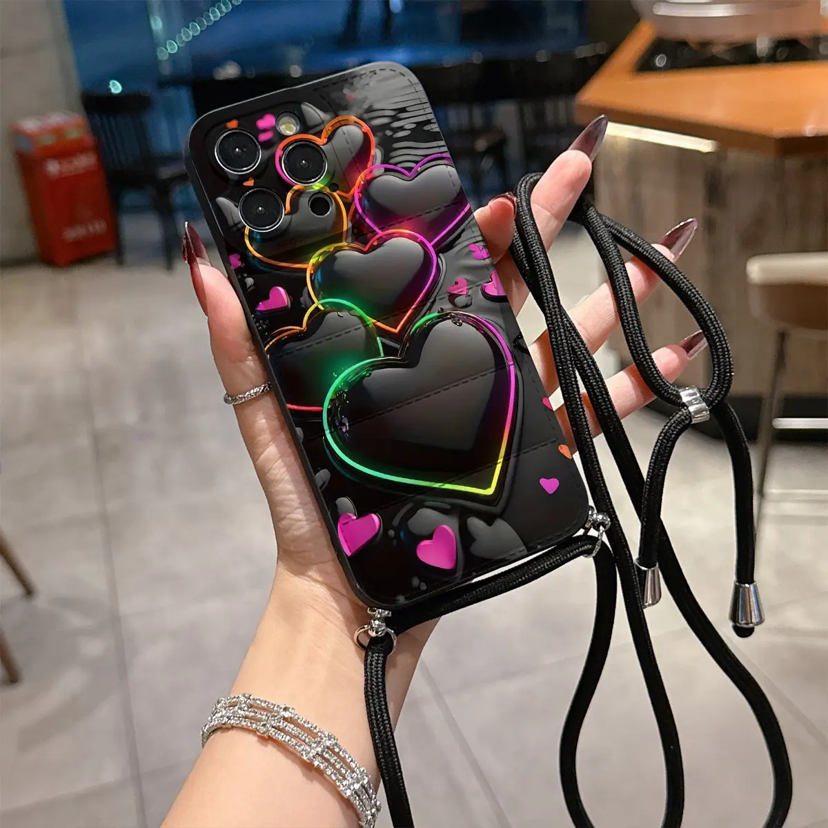 Convenient Lanyard Phone Case Cover Protector with Adjustable Strap and Crossbody Shoulder Strap, Heart Rainbow Design, Tpu Anti-Drop Protection