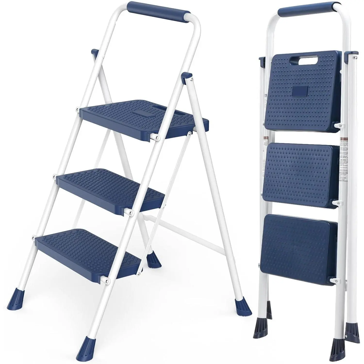 2/3 Step Ladder Heavy Duty – 800lbs Capacity, Wide Comfortable Steps, Non-Slip Feet & Cushioned Handle – Perfect for Reaching High Shelves, Changing Bulbs, Cleaning – Blue