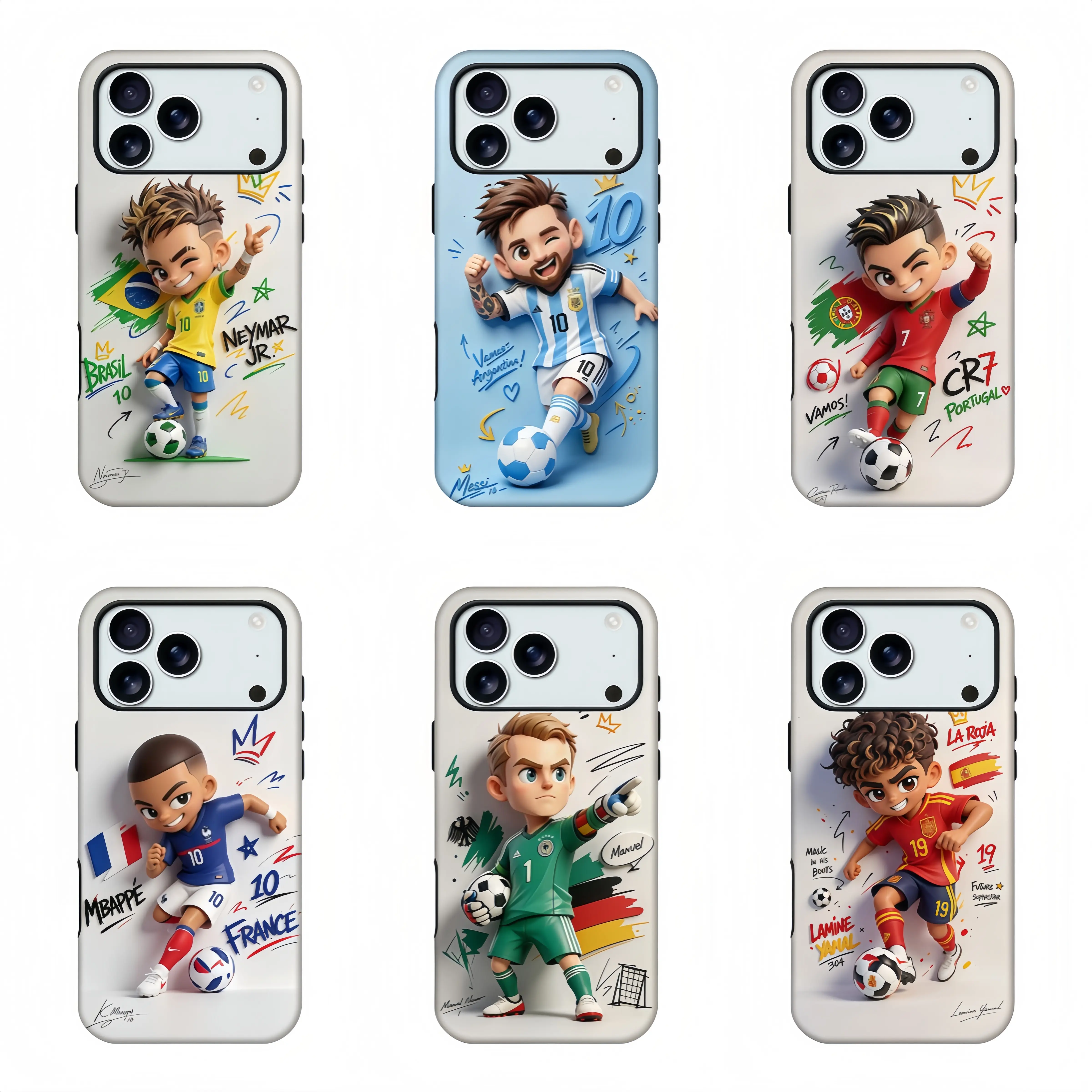 3D Cartoon Soccer Superstar Phone Case, National Team Jersey Case,Messi Neymar Mbappe Lamine Yamal Manuel Neuer CR7 Ronaldo National Team Jersey Graffiti Shockproof Protective Cover For iPhone11 12 13 14 15 16 17 pro max and Samsung.Sports Fan Gift