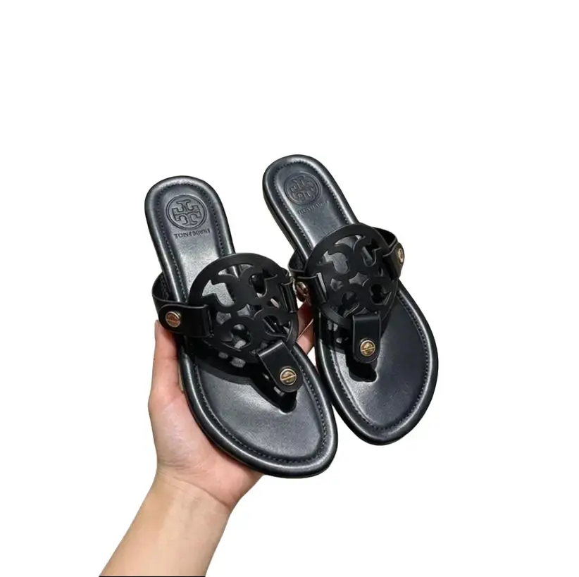 Tory Burch Sandals Black Leather Flat Thong Sandals for Women | Classic Logo Slide Flip Flops | Comfortable Summer Shoes