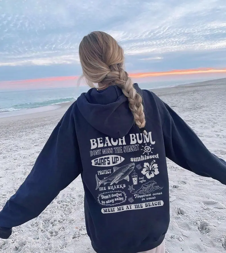 Beach Bum Hoodie Beach Shark Hoodie Preppy Aesthetic Words on back Surf Shirt Iced Coffee Hibiscus Sunkissed shirt