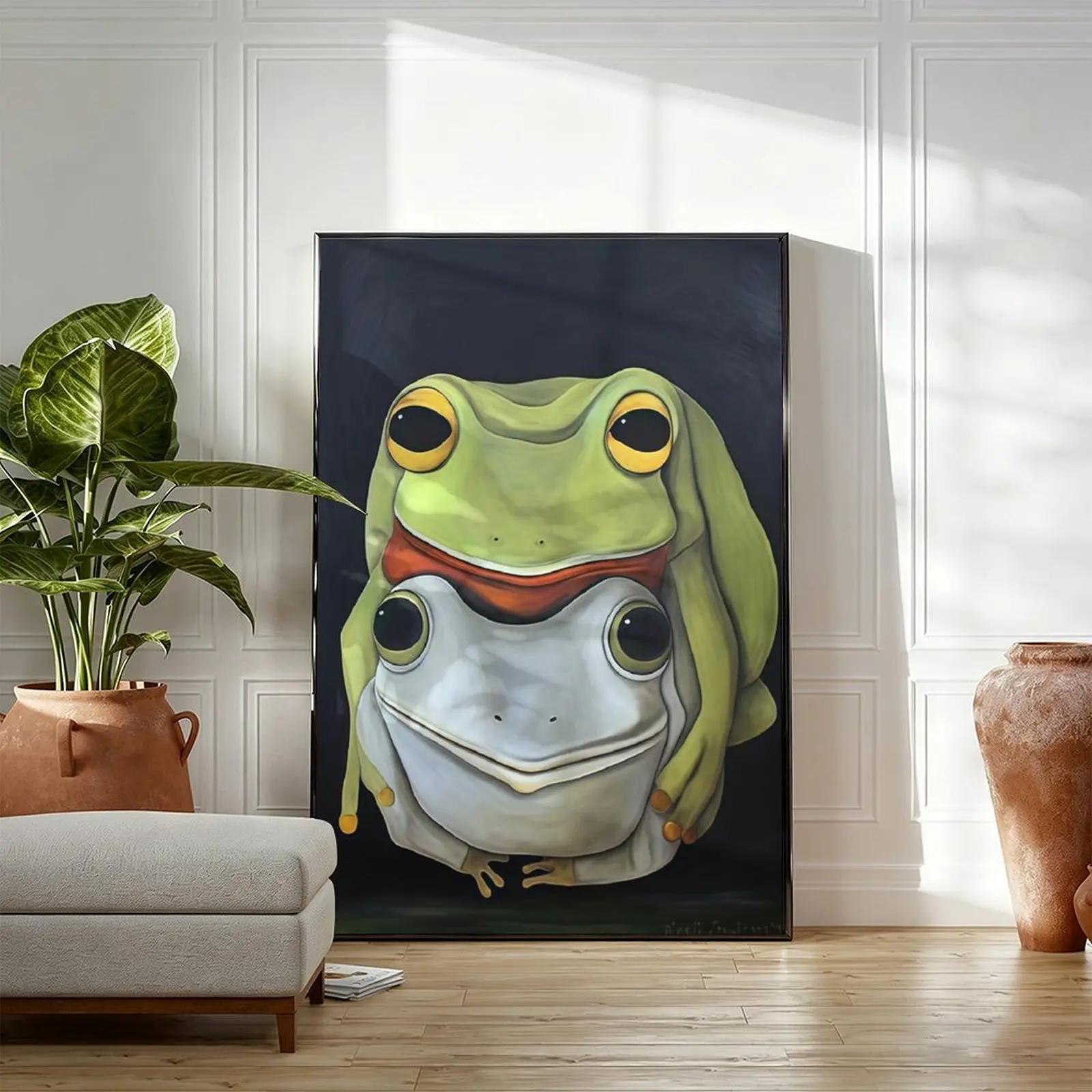 Cute Stacked Frogs Canvas Wall Art, Dark Background Whimsical Animal Poster, Funny Aesthetic Wall Decor for Bedroom & Living Room