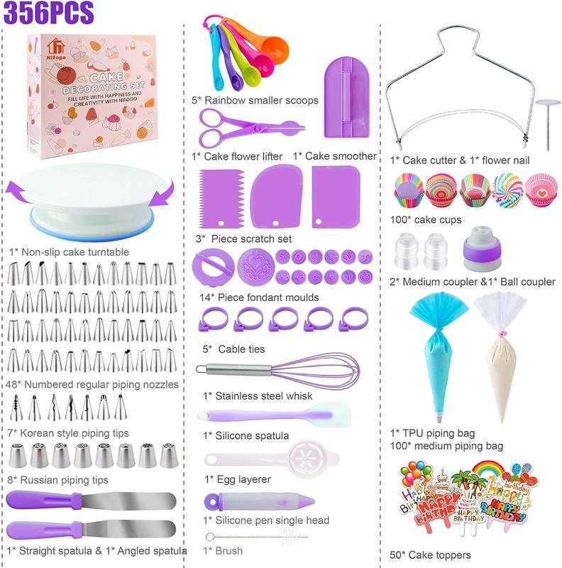 356Pcs Home Cake Decorating Kit Complete Baking Tools With Non Slip Turntable Icing Tips Beginner Must Have Multi Scene Decoration Essential