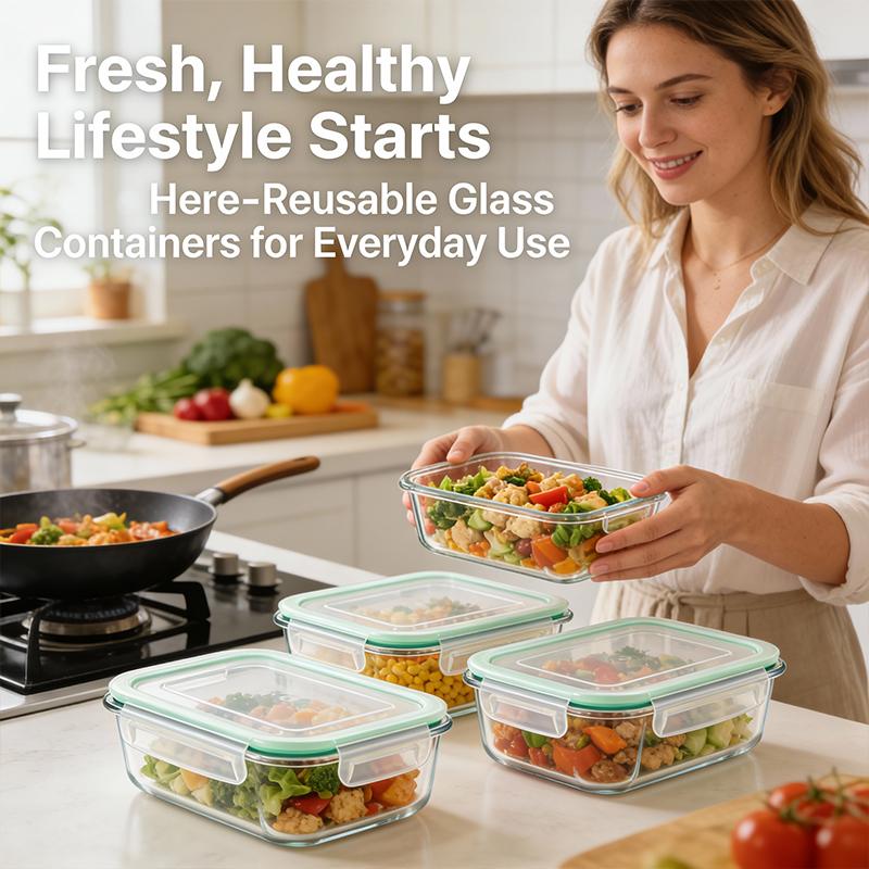 4-8-10 Pack Glass Meal Prep Containers - Oven to Fridge Safe, BPA Free & Leakproof Square Lunch Boxes, Stackable, Dishwasher Safe with 4 Bowls 4 Lids