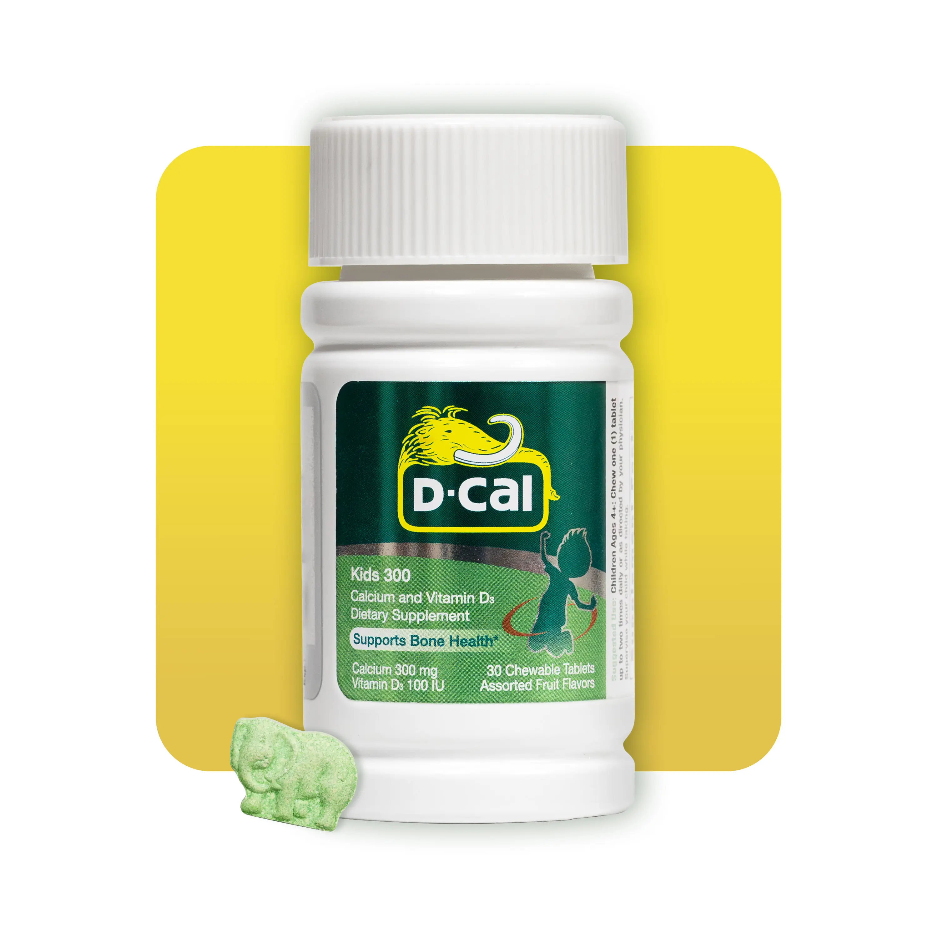 D-Cal Kids 300 Calcium & Vitamin D3 – Chewable Fruity Tablets for Strong Bones & Healthy Teeth | Calcium 300 mg + Vitamin D3 100 IU | 30 Chewable Tablets