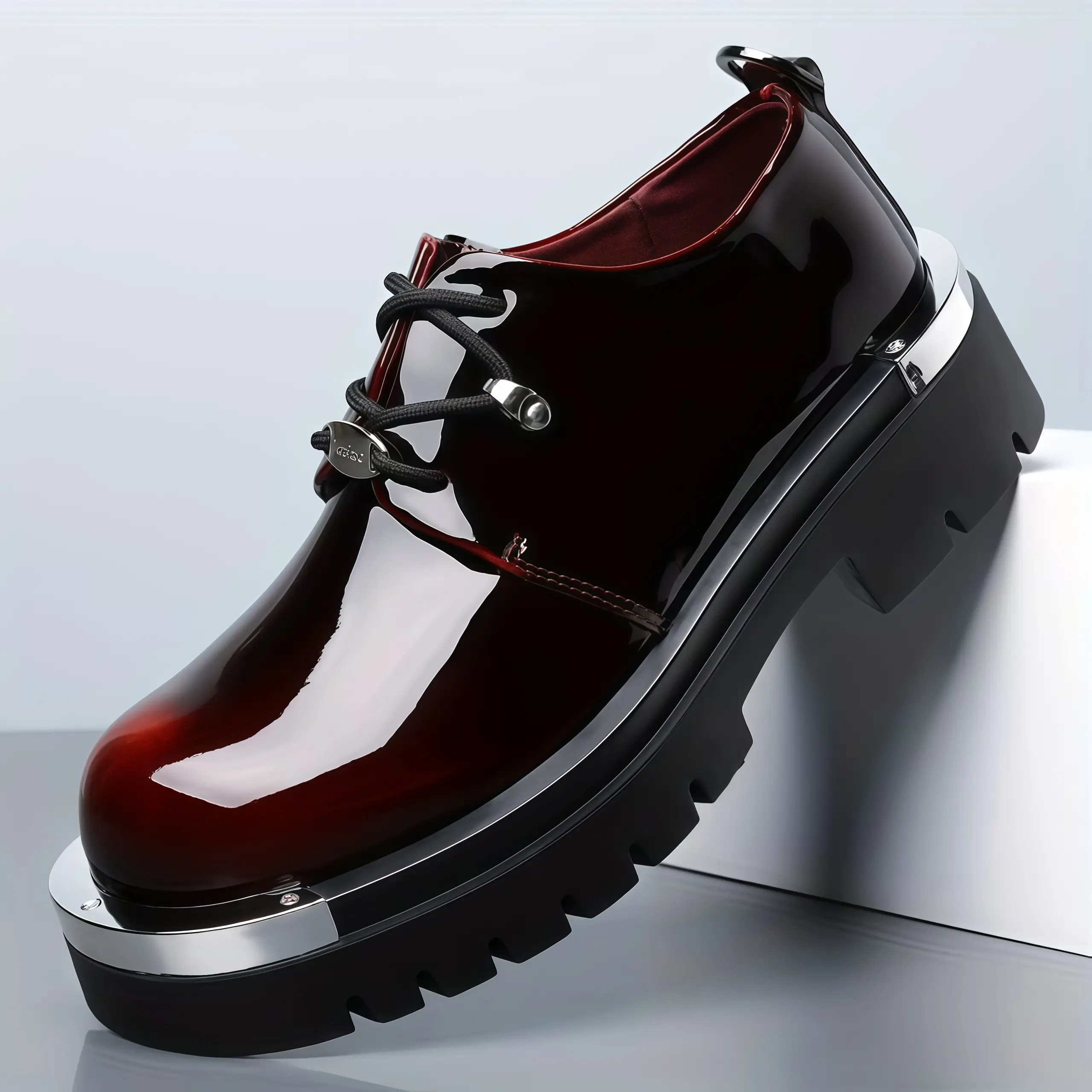 Men’s patent leather platform sneakers, wine red glossy finish, lace-up, height-boosting fashion shoes