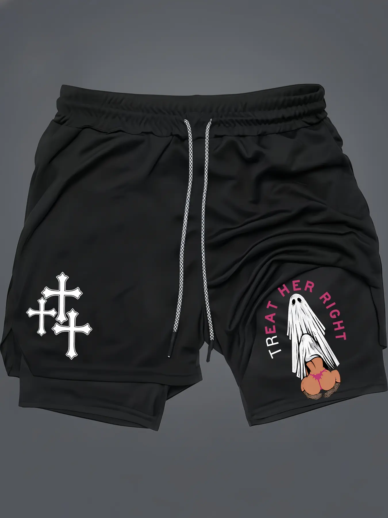 Lady Print Menswear 80s 90s Oversized 2 in 1 Singlet Muscle Shorts Summer Black Polyester Fabric Elastic Waistband Drawcord Tropical Casual Stretchy Quick-Drying Shorts, Breathable Printed Shorts, Graphic Shorts, Flex Waist Shorts