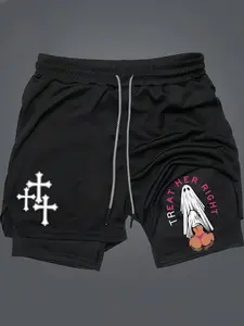 Lady Print Menswear 80s 90s Oversized 2 in 1 Singlet Muscle Shorts Summer Black Polyester Fabric Elastic Waistband Drawcord Tropical Casual Stretchy Quick-Drying Shorts, Breathable Printed Shorts