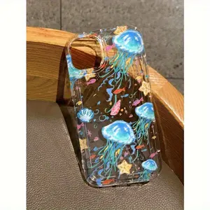Transparent Anti-Drop Phone Case with Blue Jellyfish and Small Fish Pattern, Suitable for iPhone 17 Pro Max /16/15/14/13/12/11 Birthday/Valentine's Day/Gift for Boyfriend/Girlfriend