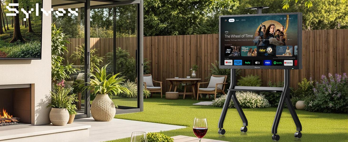 SYLVOX Outdoor TV Y-Type Rolling TV Cart Stand for 43-55 Inch TVs – Waterproof, Heavy-Duty Alloy Steel, 360° Locking Wheels, Adjustable Height & Shelf, VESA 100x100-700x500mm (Max 80kg/176lbs)