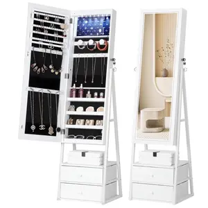 Vintage White Jewelry Cabinet Armoire with 2 Drawers and Full Length Mirror