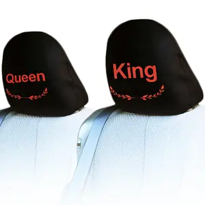 Yupbizauto Black Fabric Headrest Covers with King Queen Design Universal Fit for Cars, Trucks, SUVs & Vans Seat Headrest Protectors 1 Pair