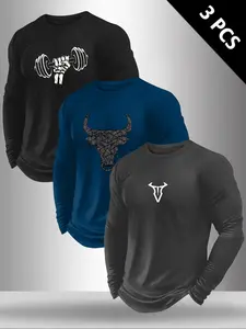 Men's Classic 3-Piece Set with Bull Pattern Print Long Sleeve T-Shirt, Casual Spring & Fall Layering Top, Fitted Comfortable Attire, Athletic Sports Clothing