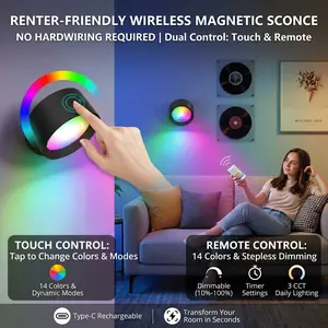 Magnetic LED Wall Sconces 14 RGB Colors 3 CCT Stepless Dimming Touch Remote Control Battery Operated Renter Friendly Stick on Design for Bedroom Living Room Gallery Art lights indoor ambient
