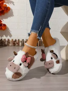 Women's Cute Cow Design Plush Slippers with Bow Decor, Warm Bedroom Soft Slippers, Indoor Outdoor Silent Non-Slip Slippers,Christmas Gifts For GF