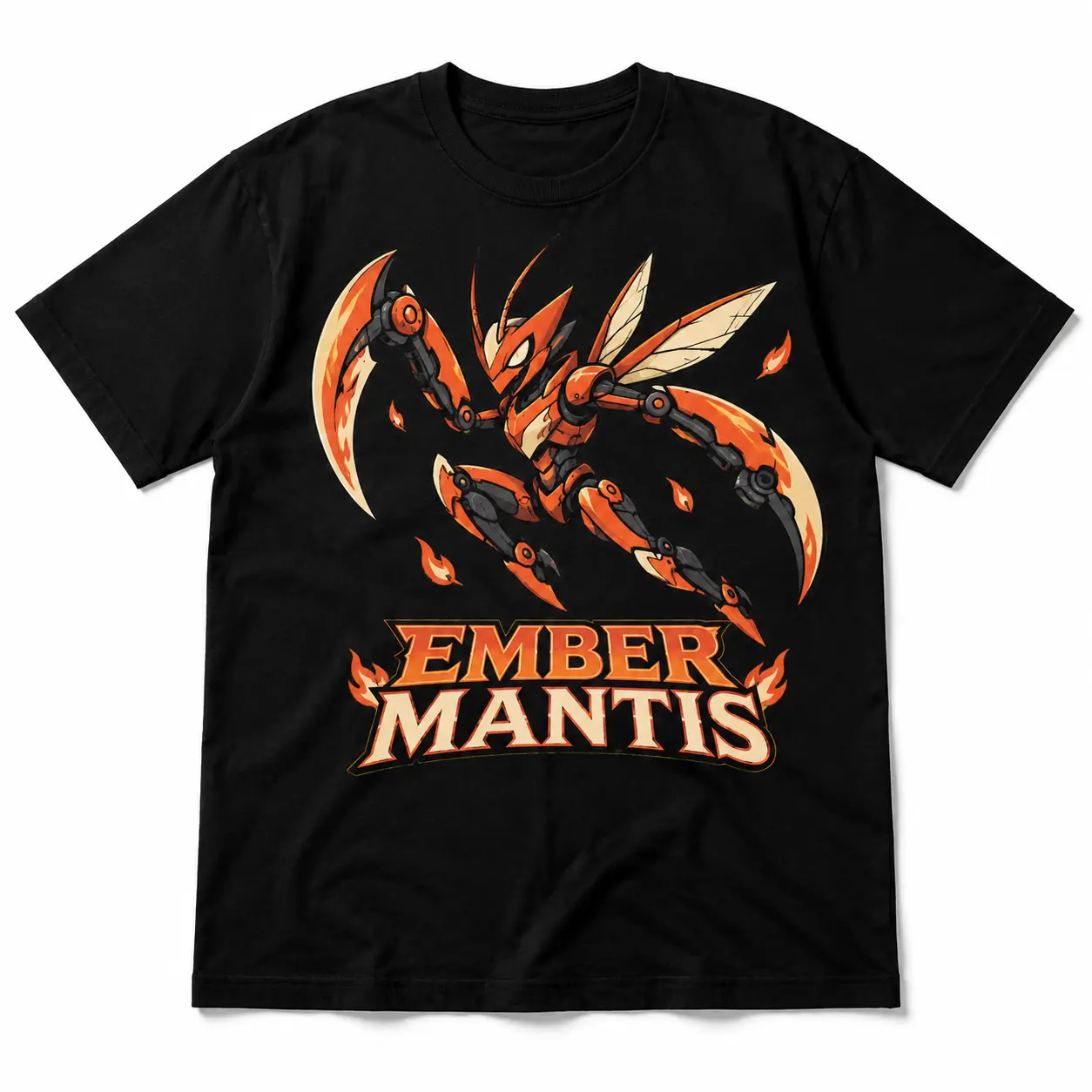 Ember Mantis Robot Graphic T-Shirt, Retro Arcade Mecha Insect Tee, Anime Gaming Shirt for Men & Women Menswear Tops