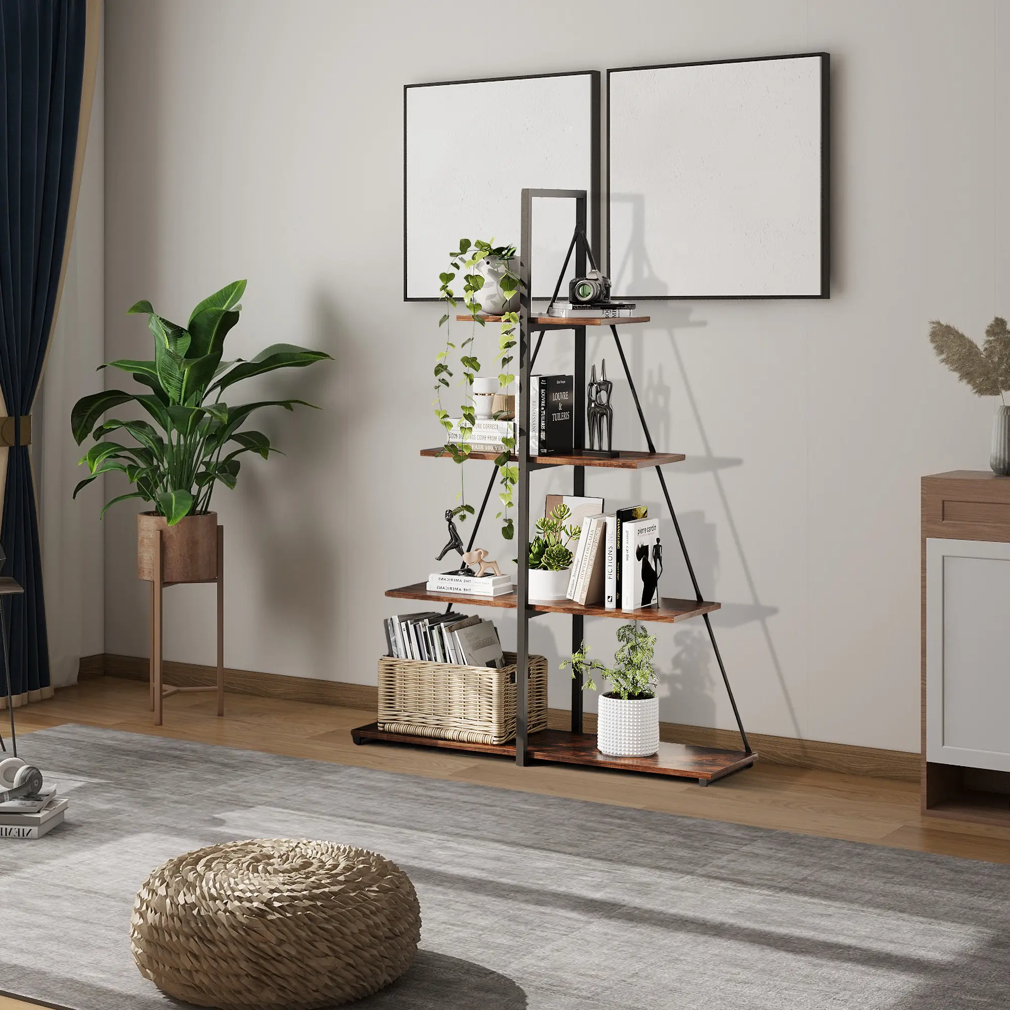 Book Shelf, 4 Tier Ladder Shelf, Ladder Bookcase with Sailboat A Shaped Structure, Space-Saving Ladder Style, Durable Construction, and Easy to Assemble and Maintain