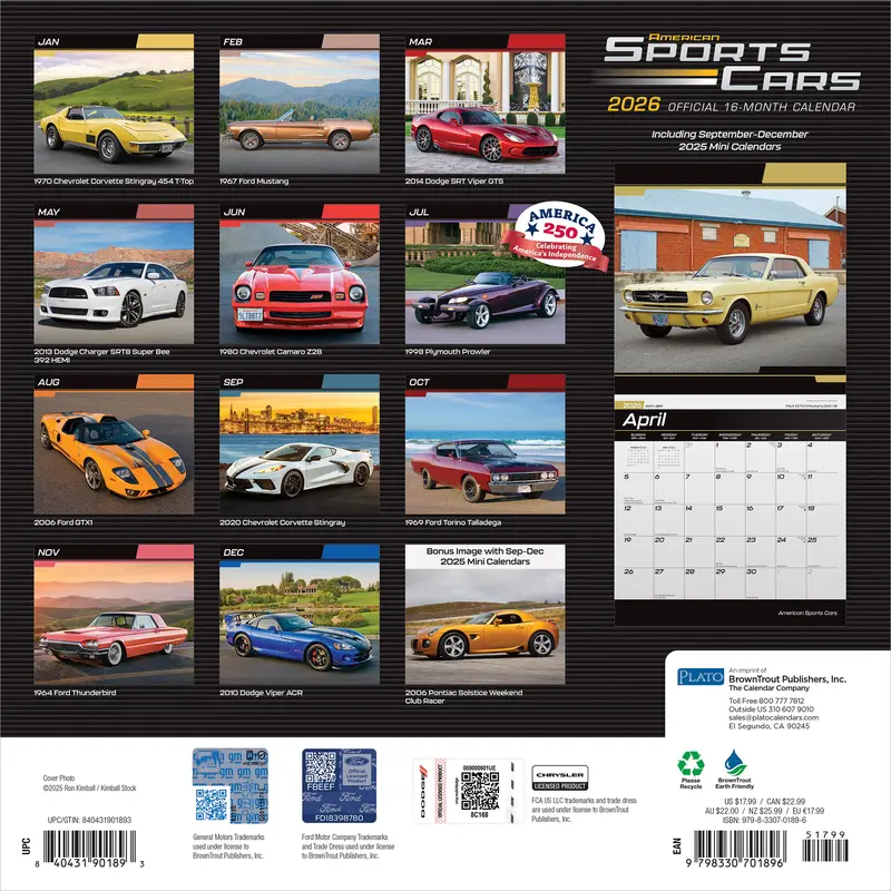 American Sports Cars OFFICIAL | 2026 12 x 24 Inch (Hanging) Monthly Square Wall Calendar | Foil Stamped Cover | Plato | Racing Automotive 1