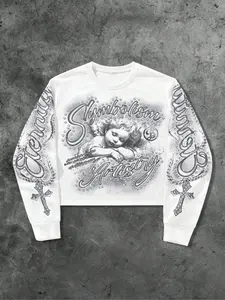 Tiktok Angel Cross Graphic Geometric Shirt, Modern Streetwear, Casual & Comfortable Home Wear, Long Sleeve Fitted Artistic Angel Print Top