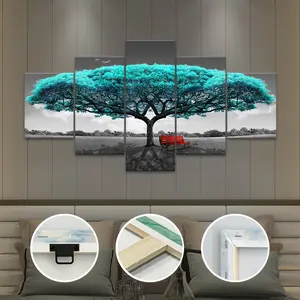 2D Canvas Wall Art Set 5 Pieces with Frames Green Lucky Tree Modern Style Printed Artwork for Bedroom Living Room Dorm Decor