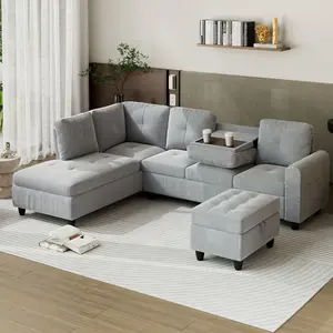 94.5” L-Shape Modular Sectional Sofa with Storage Ottoman & Cupholders, for Living Room, Bedroom, House-Light Grey