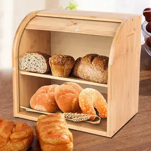 Bamboo Bread Storage Box 2 Layer Large Wood Bread Boxes for Kitchen Countertop Bread Bin Smoothly Slide Door Roll Top Bread Container 15 x 14 x 9.8 in Utensils Burlywood Wooden Natural