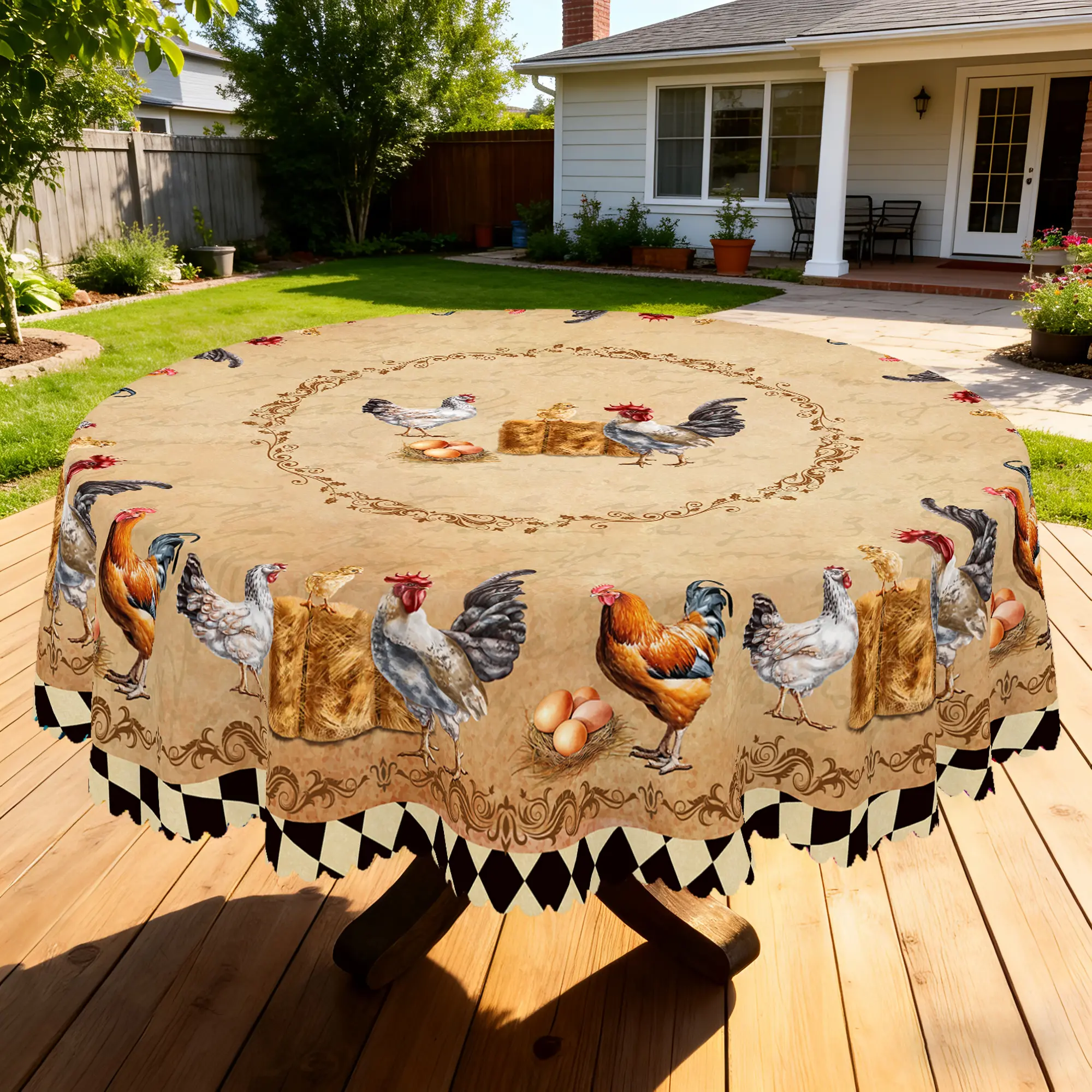 BLIOWL Vintage Farmhouse Polyester Fits Tablecloth - Animal Print Rooster, Hen & Chick Designs, Round/Rectangle Shapes, for Home Kitchen, Dining Room Decor
