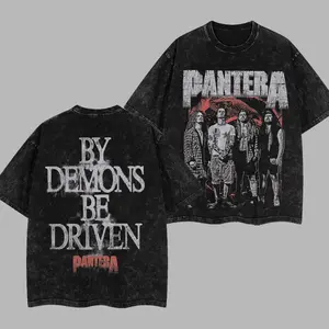 [$$$MANLIFE] Pantera By Demons Be Driven Retro Unisex Acid Washed Hoodie T-Shirt – 90s Records Rock Cotton Washed Tee, Groove Metal Rock Band Washed Shirt, Oversized Vintage Tee, Heavy Metal Merch, Gift for Rock Fans
