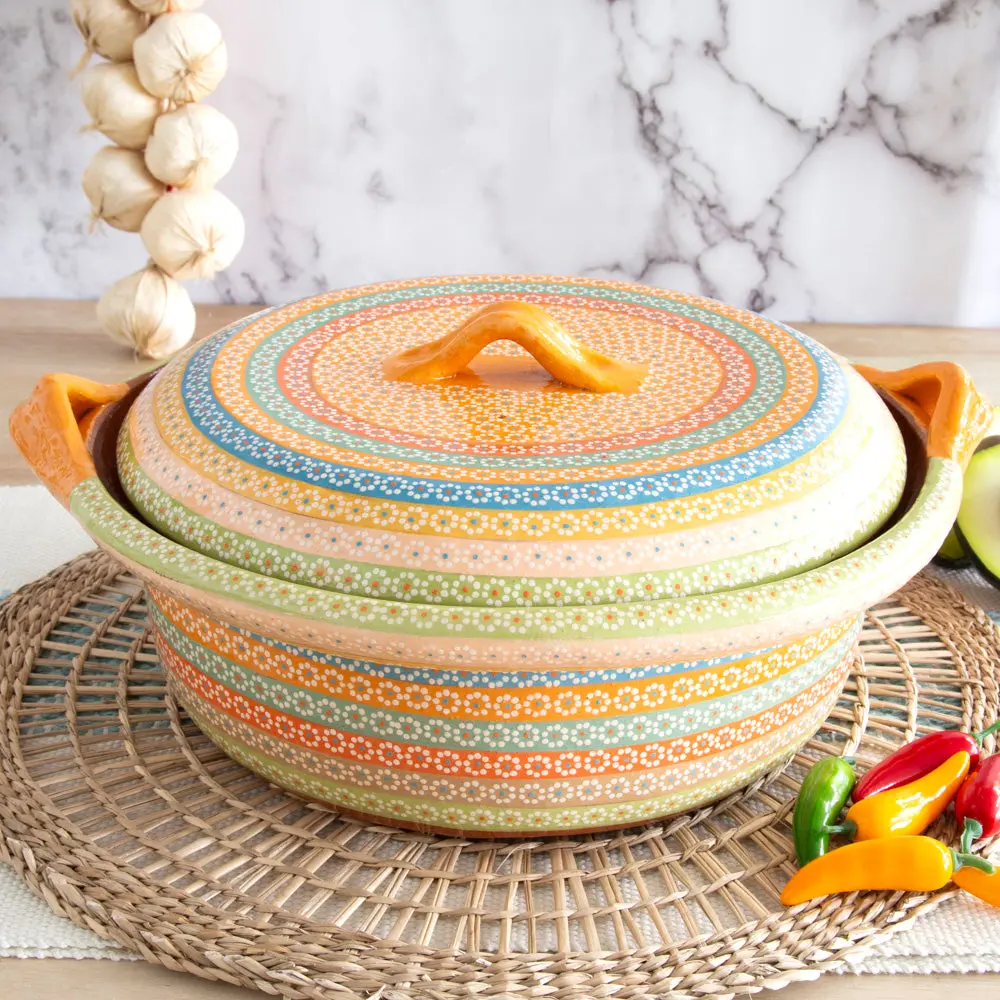 XL Round Dotted Air-Dry Food-Safe Clay Casserole - Mexican Handmade Traditional Kitchen Cookware, Lidded Serving Bowl with Clay Art Design