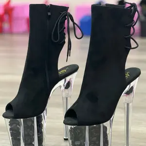 8" Heels for Professional Pole Dance - Black Lace-Up Design with Clear Stiletto Heel - Ideal for Dance Performances