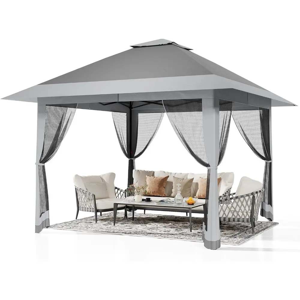 13’x13‘ Pop Up Gazebo, Outdoor Canopy Tent with Mosquito Netting, Pop Up Canopy with Double Roof Design & Adjustable Height, UV-Resistant Patio Gazebo Sunshade for Graden/Backyard/Lawn/Beach (Gray)