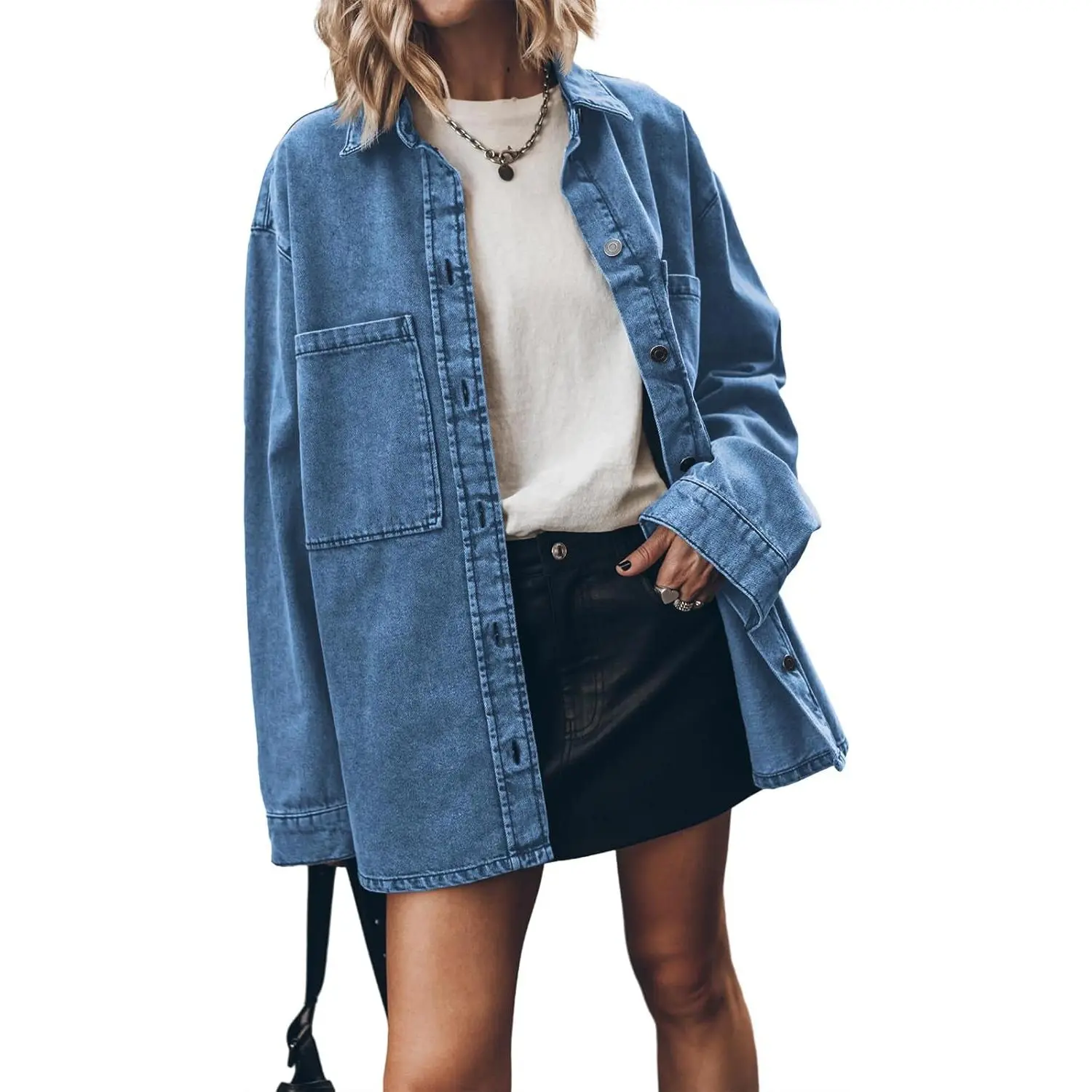 Lannew Womens Oversized Jean Jacket Casual Button Up Denim Overshirt Trendy Long Sleeve Denim Jacket Coat