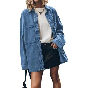 Lannew Womens Oversized Jean Jacket Casual Button Up Denim Overshirt Trendy Long Sleeve Denim Jacket Coat