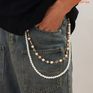 Unisex Layered Wallet And Pants Chain Punk‑Style Rhinestone Flower Pearl‑Decorated Jeans Key Chain Fashion Accessories