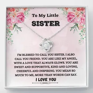 Little Sister Gift - Love Knot Necklace, Sister Birthday, Christmas Gift Heart Shaped Pendant Gold Statement Chain