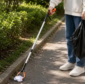 Ergonomic handle design, garbage picker gripper, orange foldable and extendable picking stick with 360° rotating jaw and magnetic end, lightweight extended rod, easy to use and comfortable to grip