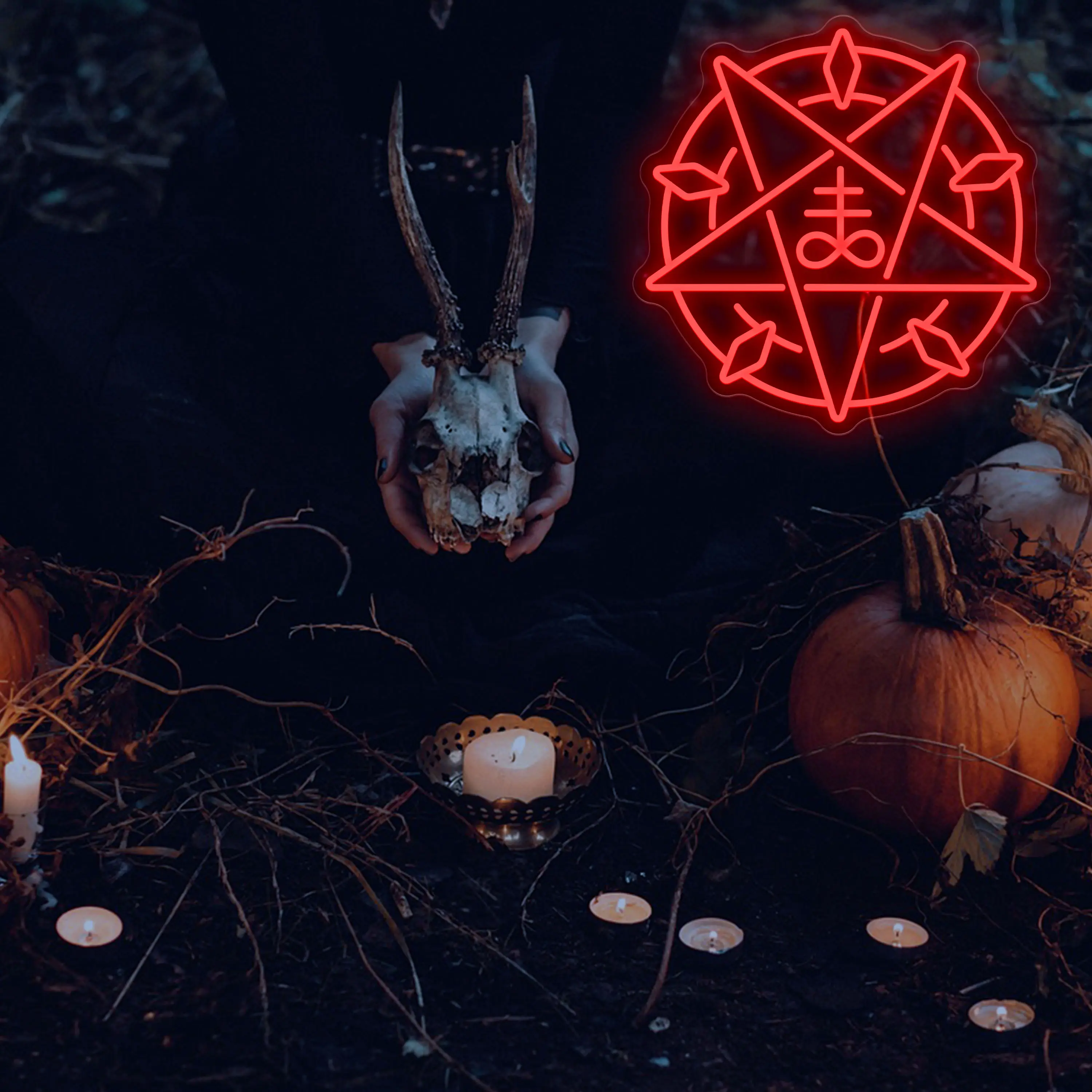 Satanic Inverted Pentagram Neon Sign, Red Gothic Art Wall Decor, USB-Powered Dimmable Adjustable LED Light, 12.99x13.07in for Bedroom, Halloween