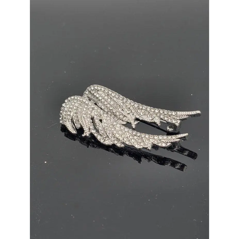 Silver Plated Angel Wings Brooch - Sparkling Cubic Zirconia Accent
