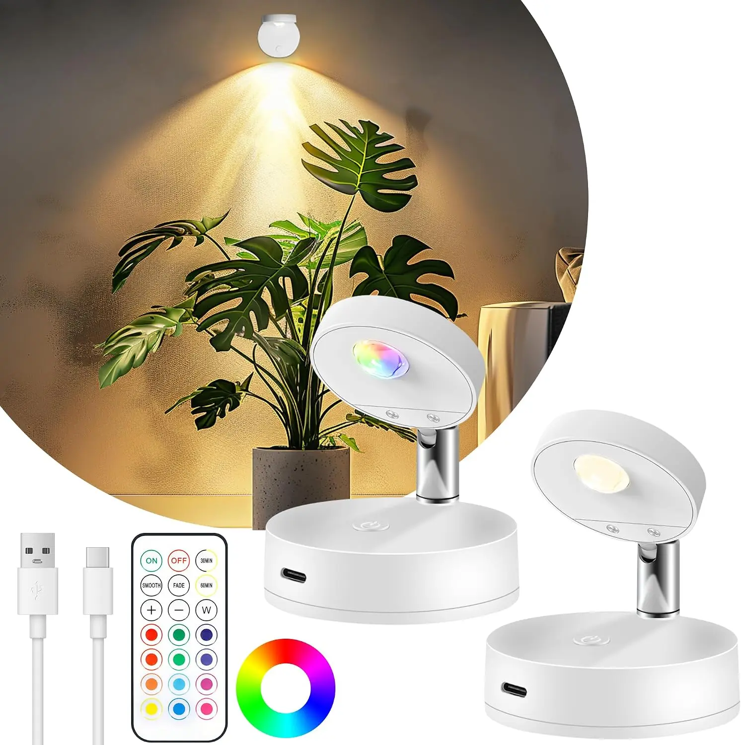 Guankai Modern Rechargeable LED Spotlight Lamp - Plastic Body, Battery-Powered, RGB Colors, Stepless Dimming, Remote Control, Wireless Magnetic Indoor Use Light for Plant, Portrait Artwork