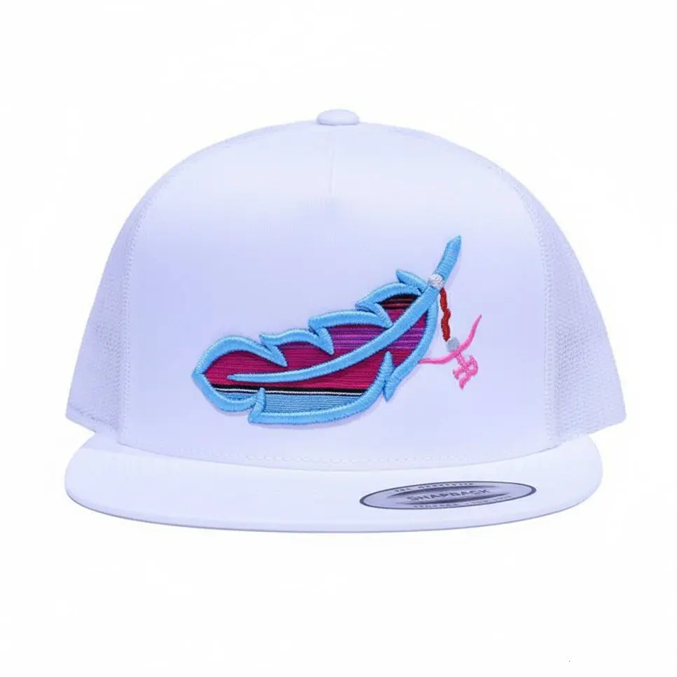 Native Feather Embroidered Hat White Mesh Trucker Cap Southwestern 7 Panel Flat Bill Snapback Hat Vintage Western Tribal Americana Baseball Cap For Men Women Cowgirl Classic Gift