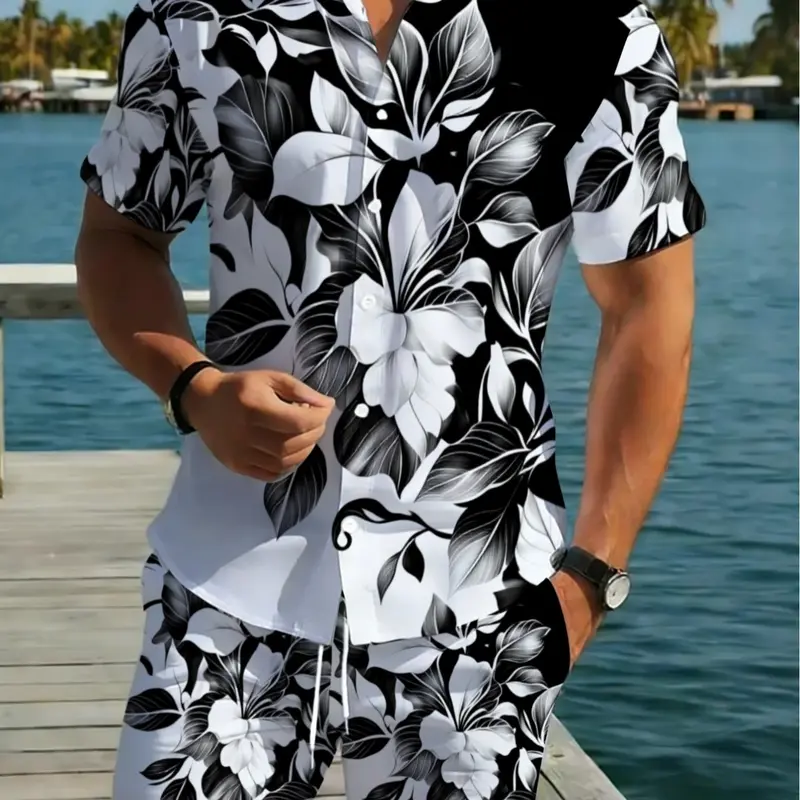 Men's Floral Print Short Sleeve Shirt Set, Style Set, Summer Beach Casual Two-Piece Outfit, Fashion Vacation Men's Clothing, Tropical Matching, Menswear