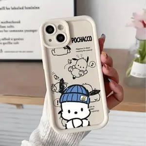 Sanrio Cute Hat-Wearing Pochacco Pattern Phone Case, Compatible with iPhone 16, 16 Pro Max, 15, 15 Pro, 14, 14 Pro Max, 13, 12 and More Models, Soft Full-Cover Shockproof Protective Case Protection Protector Black Casing Cellphone