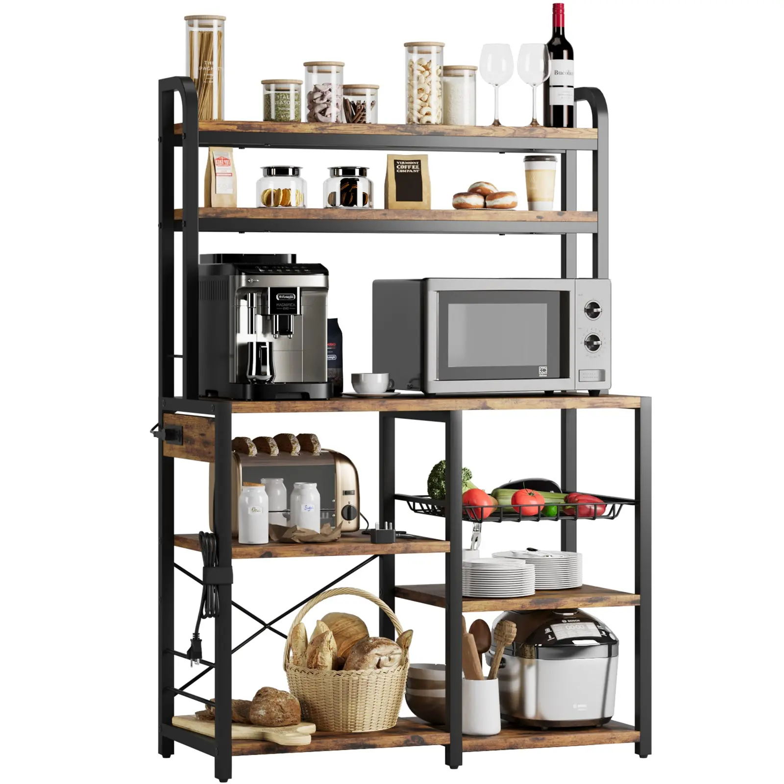 [NEW PRODUCT - FLASH SALE] Garvee Bakers Rack with Power Outlet, Coffee Bar with Wire Drawer, Microwave Stand, Kitchen Buffet Table with Large Storage, 6-Tier Kitchen Storage Rack with Hutch for Dining, Living Room
