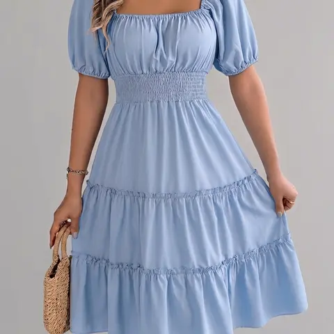 Women's Plain Ruffle Trim Dress, Casual Style Short Sleeve Square Neck Dress for Summer, Women's Clothing for Beach Holiday, Casual Wear, Womenswear, Chic Beach Wear