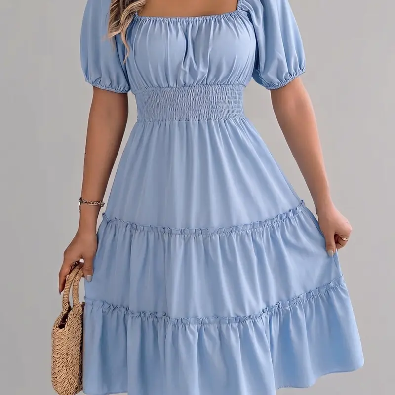 Women's Plain Ruffle Trim Dress, Casual Style Short Sleeve Square Neck Dress for Summer, Women's Clothing for Beach Holiday, Casual Wear, Womenswear, Chic Beach Wear