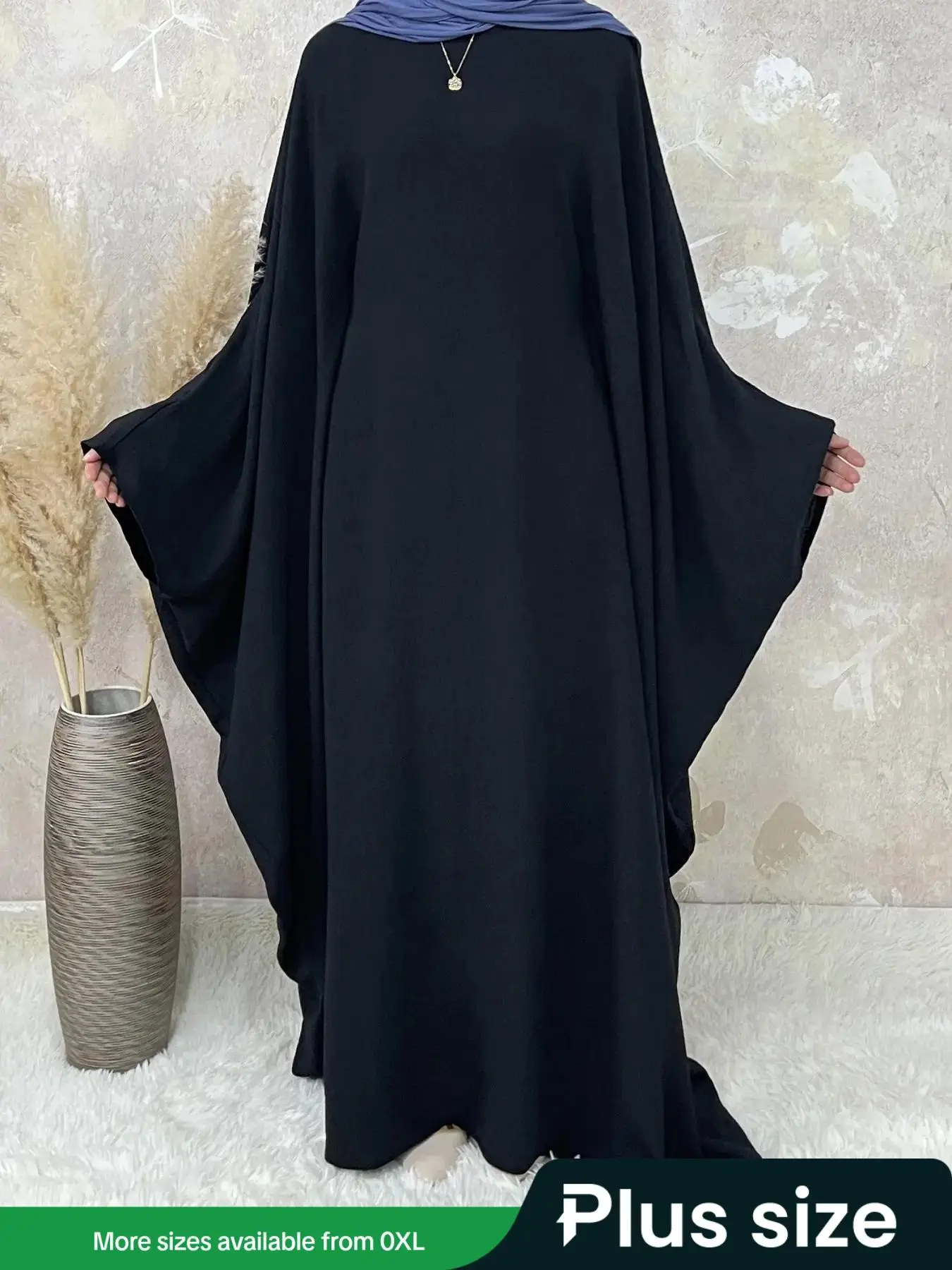 Women's Plus Size Batwing Sleeve Arabian Dress, Chic Minimalist Solid Long Sleeve Maxi Kaftan Dress, Women's Islamic Clothing for Muslim Spring & Fall