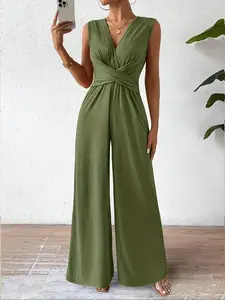 Ladies' elegant cross V-neck fit jumpsuit, with cross details and casual High Waist wide leg sleeveless jumpsuit, suitable for office and formal occasions/beach vacation travel clothing/spring and summer/simple and versatile Womenswear