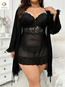 【EasDoing】2 Pieces Black Lace Mesh Robe Set Pure Desire V Neck Lace Corset Slip Nightgown with Matching Ruffle Cuff Robe Sexy Sheer Mesh Design Plus Size Slim Fit Spicy Girl Boudoir Photoshoot Vibe Home Loungewear Two Piece Set