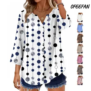 OFEEFAN Women 3/4 Sleeve Button Down Tops V Neck Blouses Business Casual Outfits Loose Fit